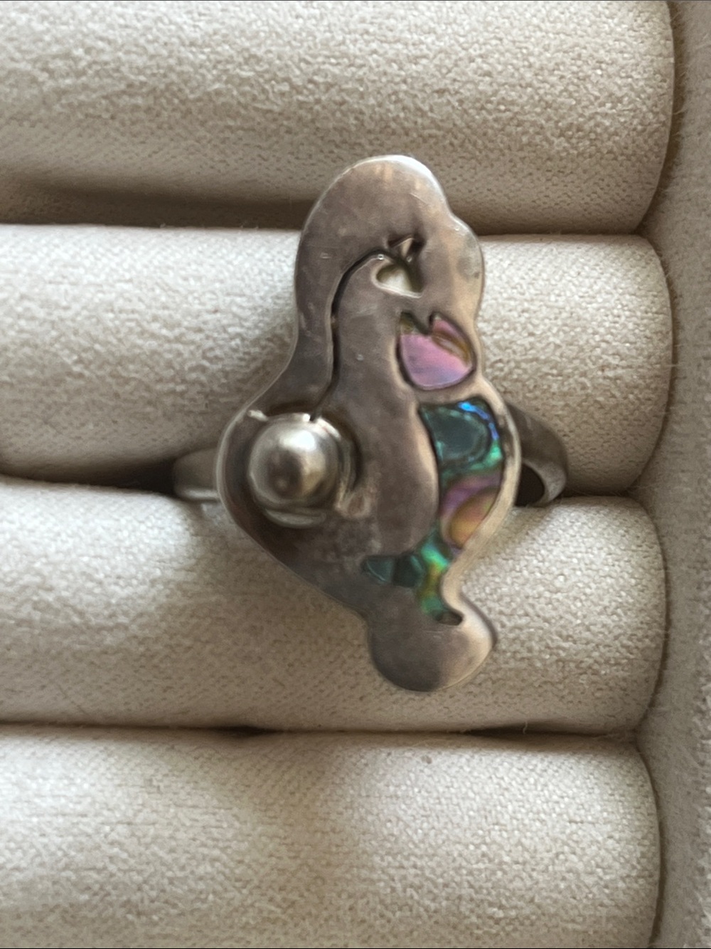 Sterling Silver Abalone Inlay Wave Ring - Iridescent Green/Purple